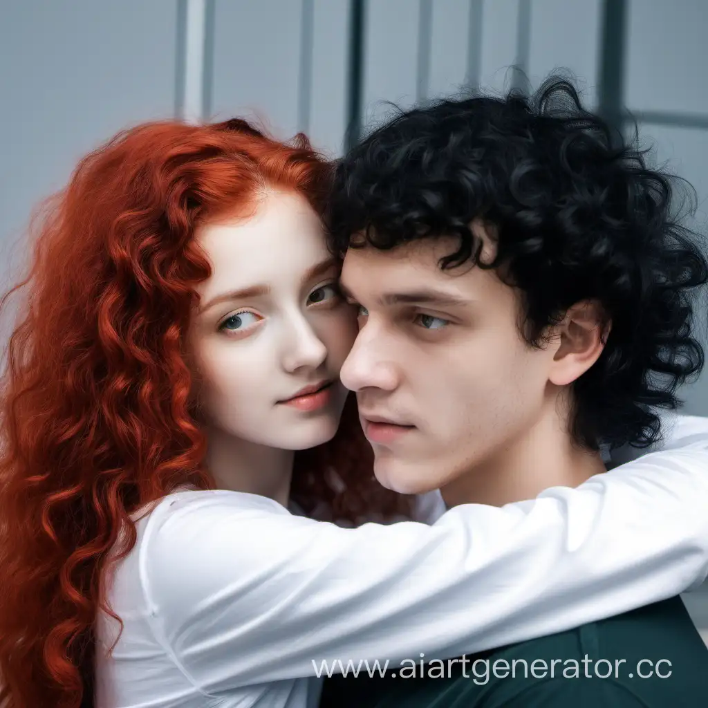 рыжая кучерявая длинно волосая девушка склонила голову на плечо парня с короткими ровными черными волосами 