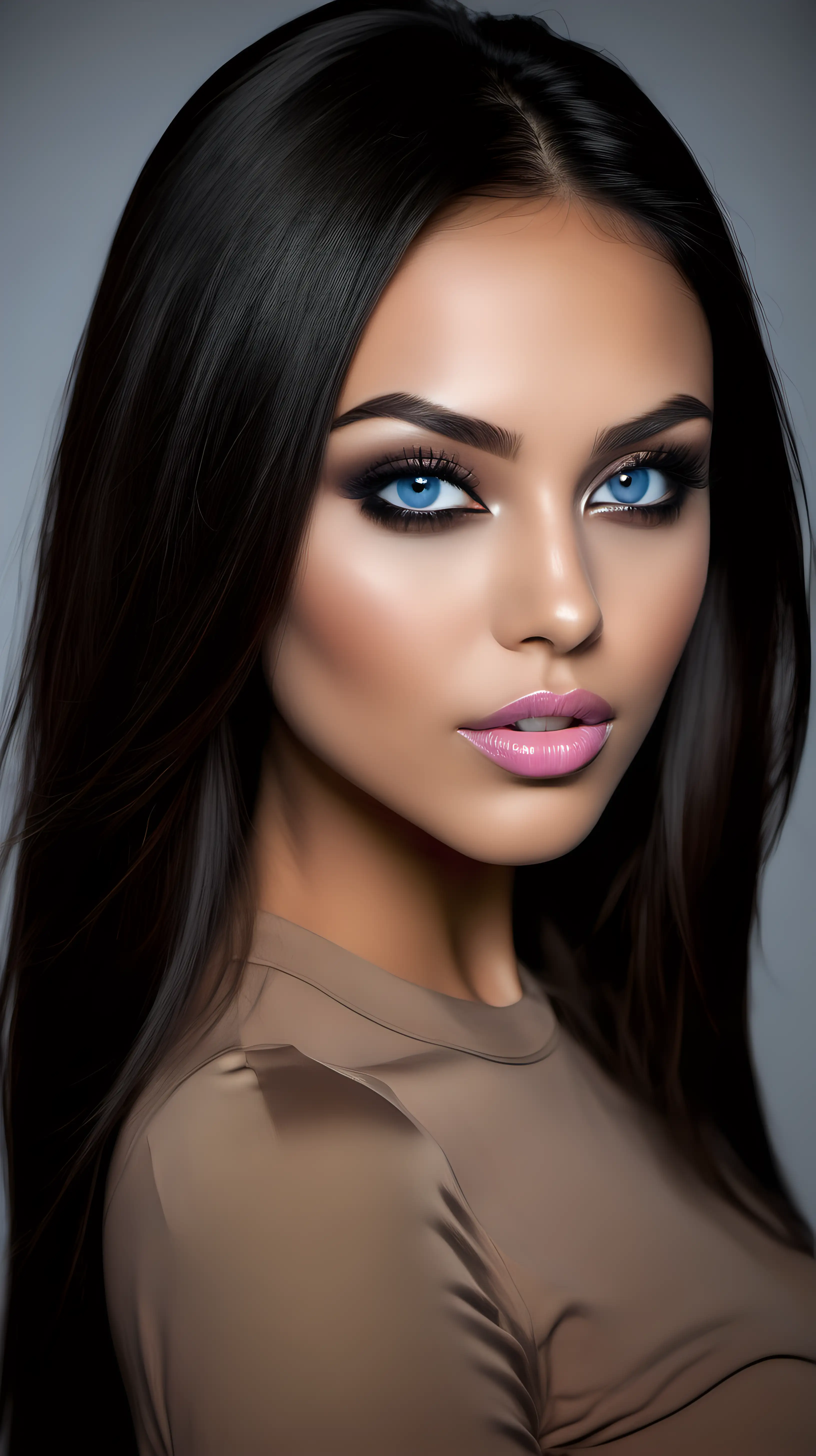 a symmetrical face with high cheekbones, a strong jawline, and almond-shaped blue eyes. eyebrows are well-defined and arched, enhancing her expressive eyes. smokey eye makeup. Long hair, dark brunette, styled straight. Smooth, olive complexion. Bronzed makeup look. Lips are full and well-defined, with lipstick shades ranging from natural pinks. Glamorous and edgy toned. . long beautiful legs, wearing a hot pants jeans, high heels. taken with a 85mm lens