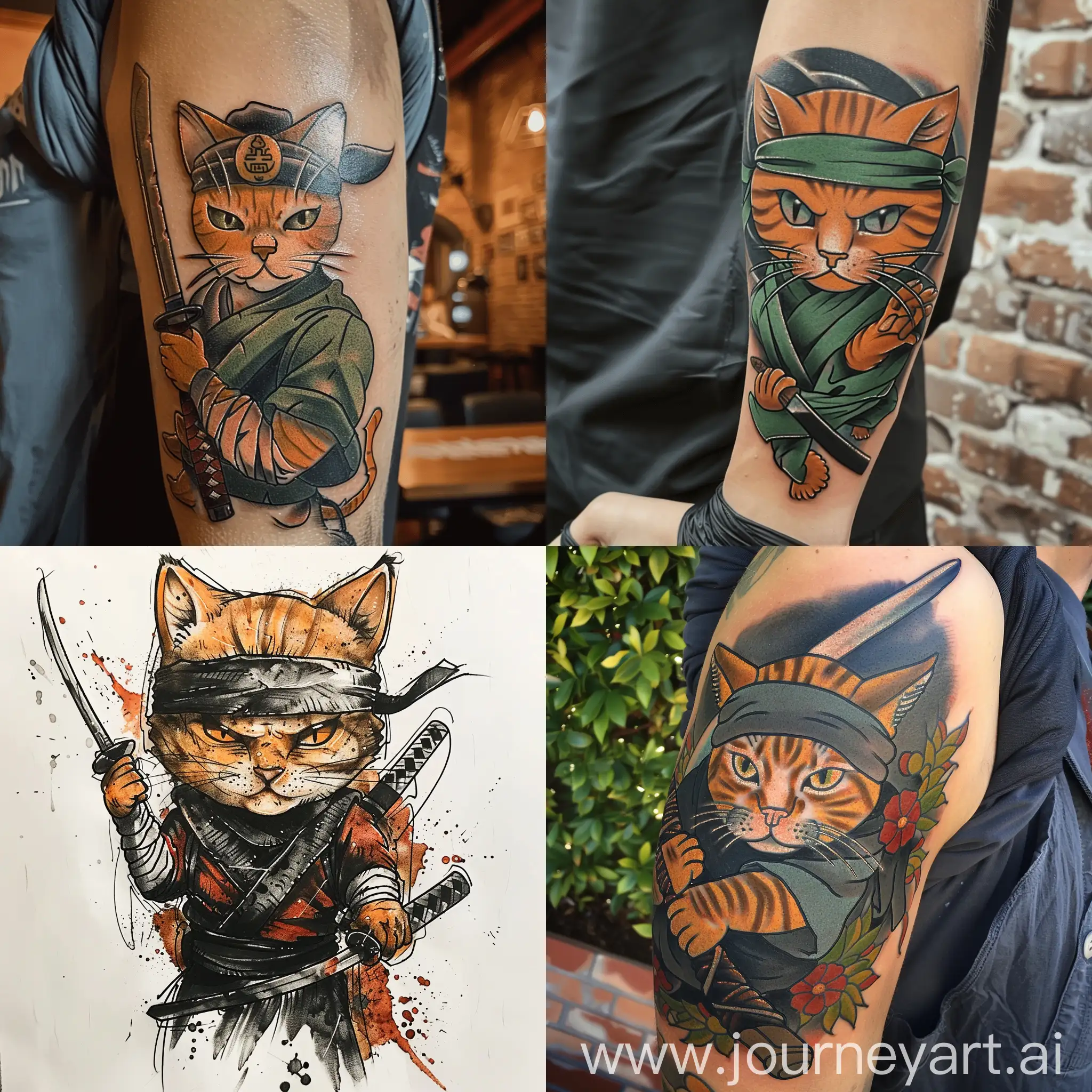 ginger cat ninja tattoo neo tradiational
