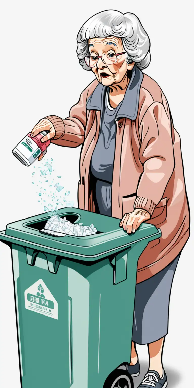 illustration of an Old lady who looks 84 years old throws away rescue inhaler on trash can 



