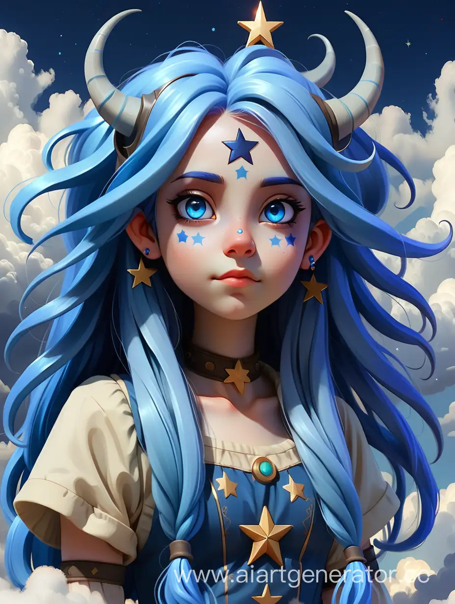 Fantasy-Girl-with-Blue-Hair-Horns-and-Star-in-Cloudscape