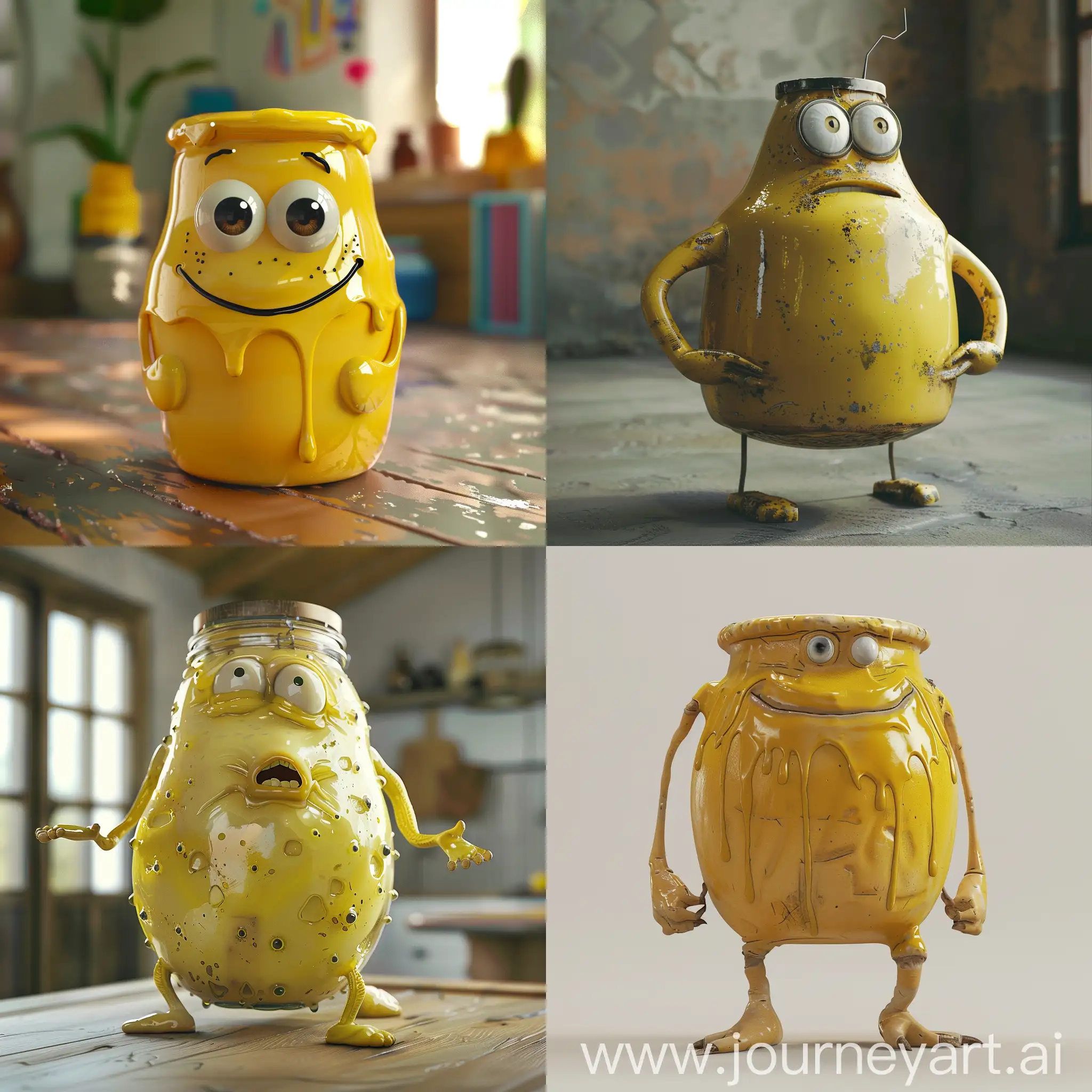 A talking jar of mustard with arms and legs wrinkled badly :: 3D animation