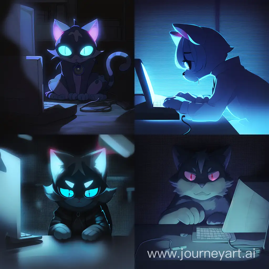 кот сидит на ноутбуке в темной комнате