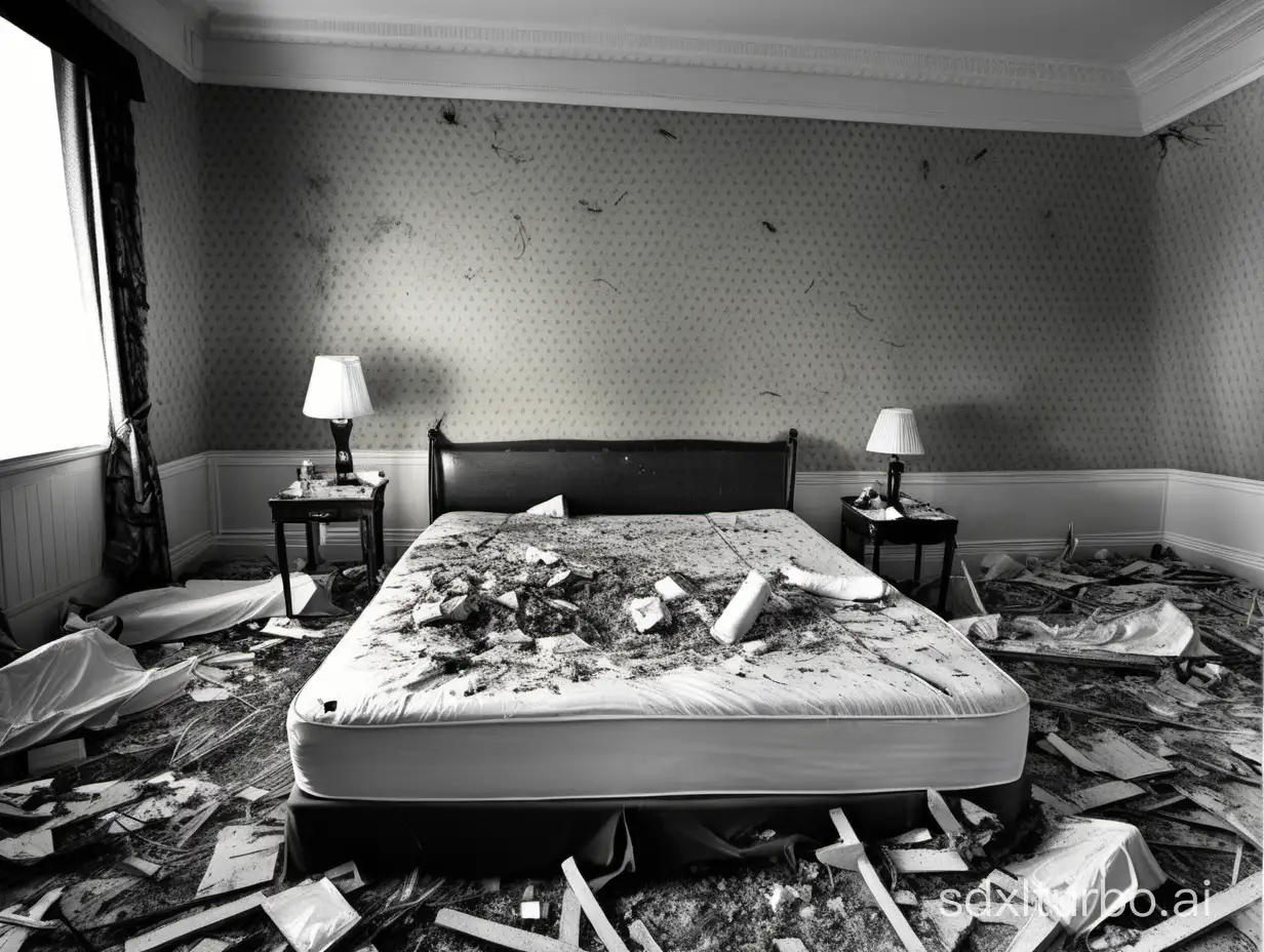 A picture of a double hotel bed after it was blown up and weevils came out of it