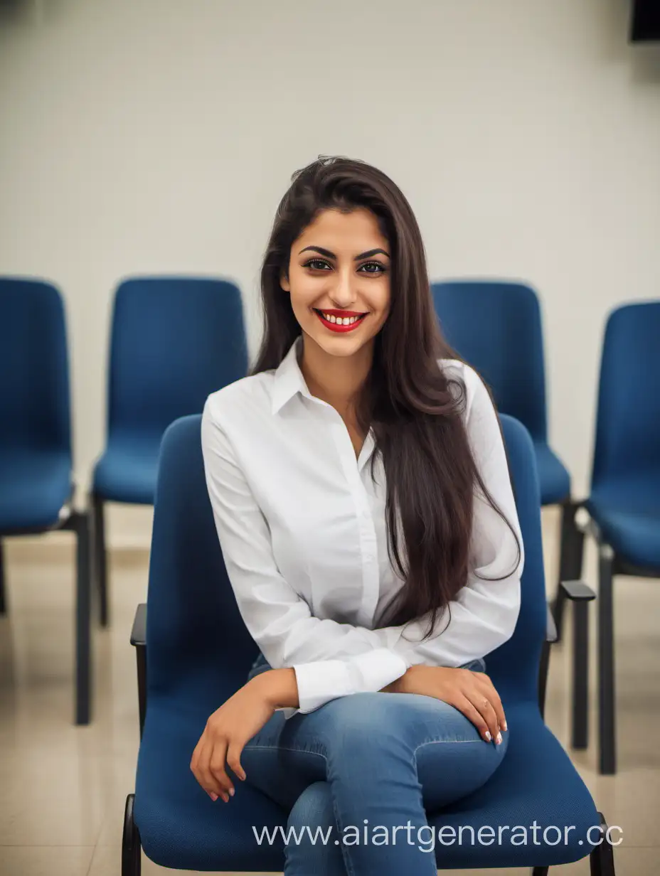 a smiling tanned lebanese 30 years old teacher with very long dark hair, red lips, long eye lashes. she wears a white shirt and skinny blue jeans. she is sitting on a chair in an empty meeting room. she is looking at the camera.