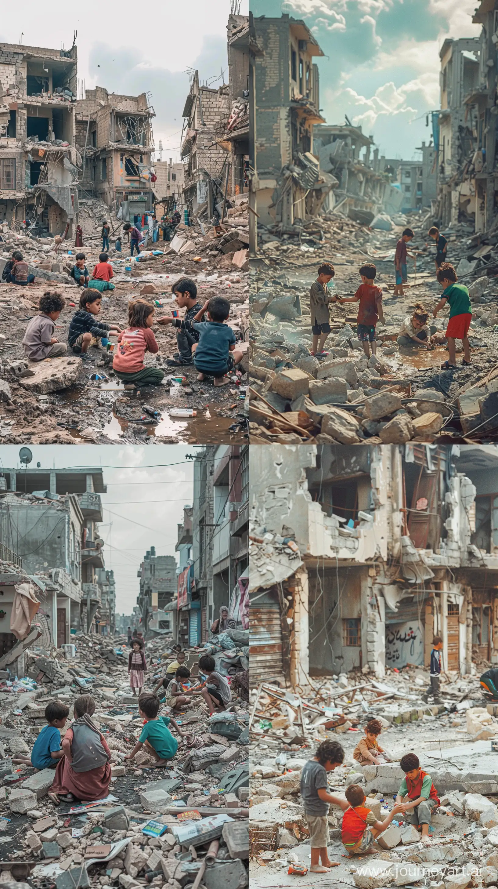 Create a narrative centered on a group of children creating their own world amongst the ruins of a bombed-out neighborhood, highlighting innocence amidst chaos. --ar 9:16 --v 6.0
