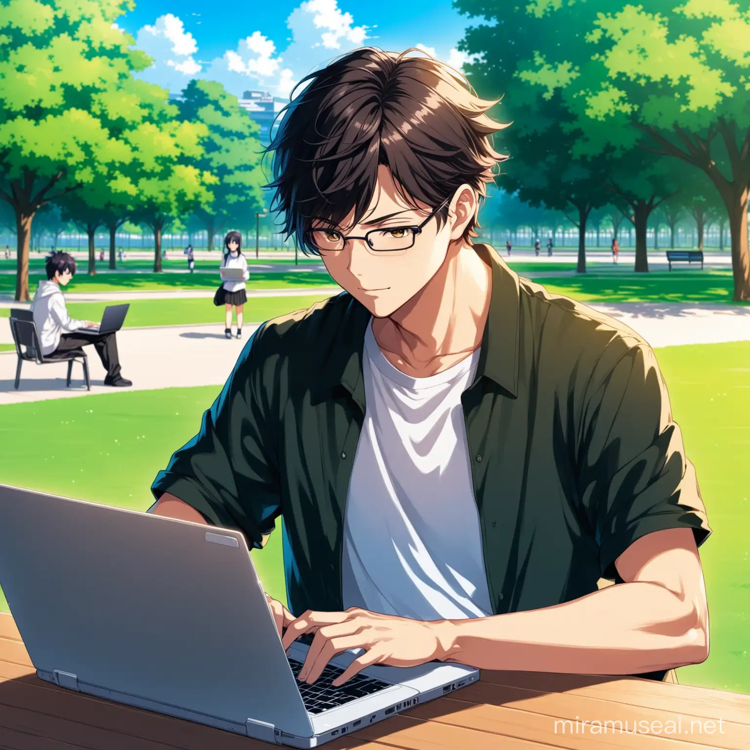 Focused Anime Student Working on Laptop in Park Setting