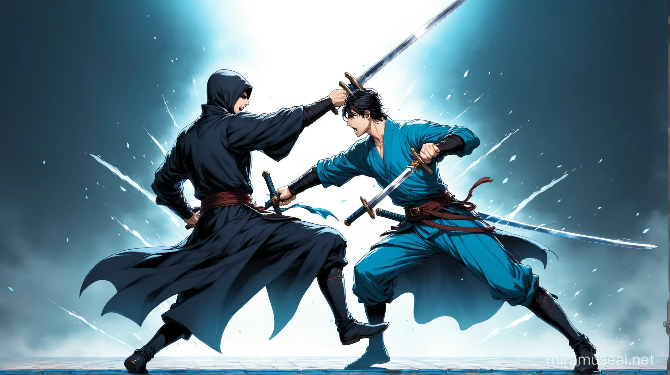 The swordsman in blue jumped with his sword clashing with his opponent in dark clothes