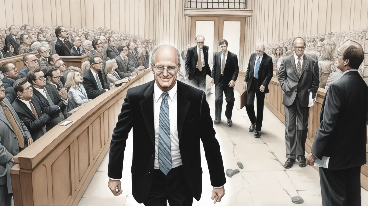 Generate an image depicting a scene where Richard Sackler in a suit, a known pharma criminal, who is smiling, universally acknowledged as guilty, is walking free after being cleared by the judge. Show the frustration and disbelief of onlookers witnessing this miscarriage of justice. Include the criminal walking away smugly, the judge rendering the verdict, and the reactions of the crowd, which may include shock, anger, or despair. Convey the sense of injustice and outrage felt by the community at this perceived failure of the legal system.