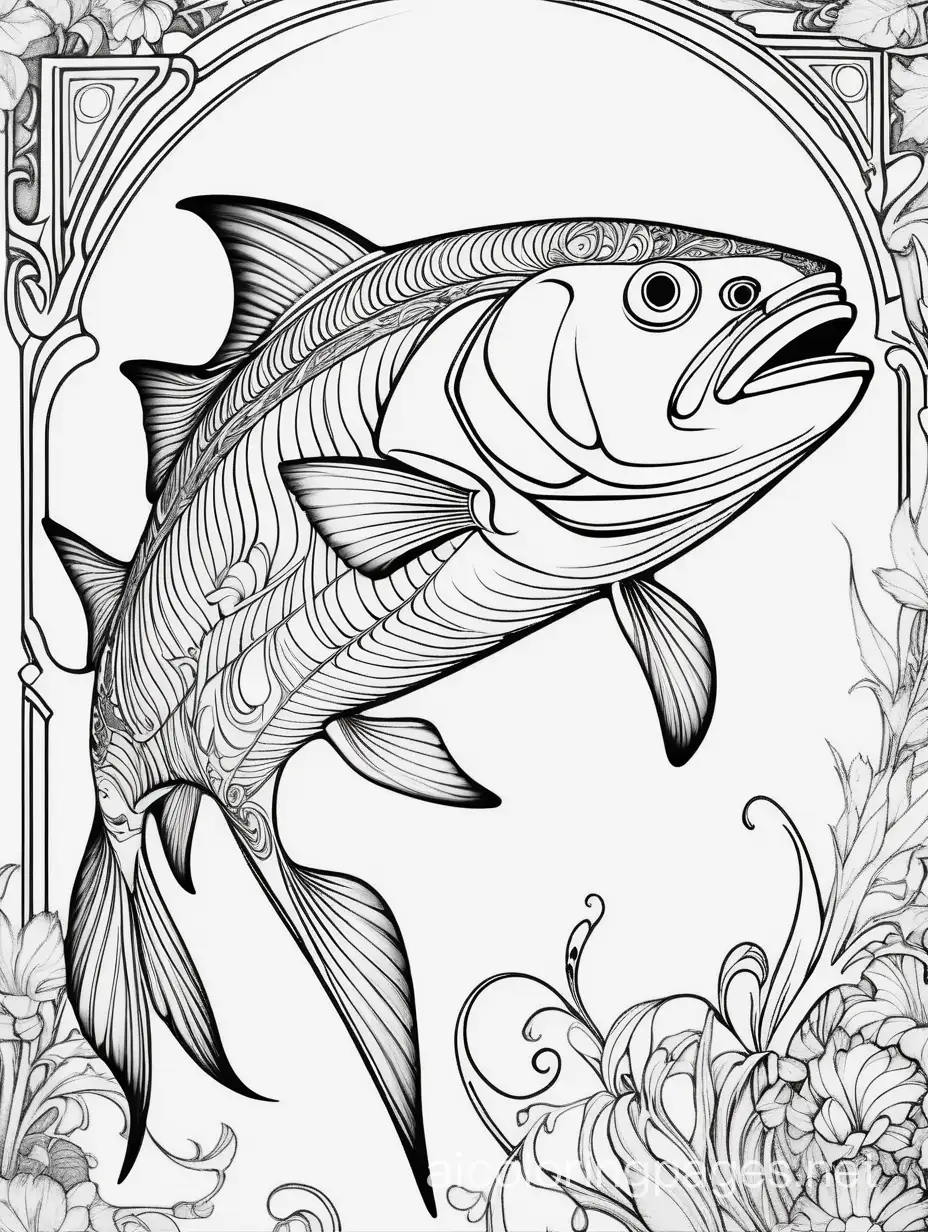 Amberjack,  fantasy, ethereal, beautiful, Art nouveau, in the style of Yossi Kotler, Coloring Page, black and white, line art, white background, Simplicity, Ample White Space. The background of the coloring page is plain white to make it easy for young children to color within the lines. The outlines of all the subjects are easy to distinguish, making it simple for kids to color without too much difficulty