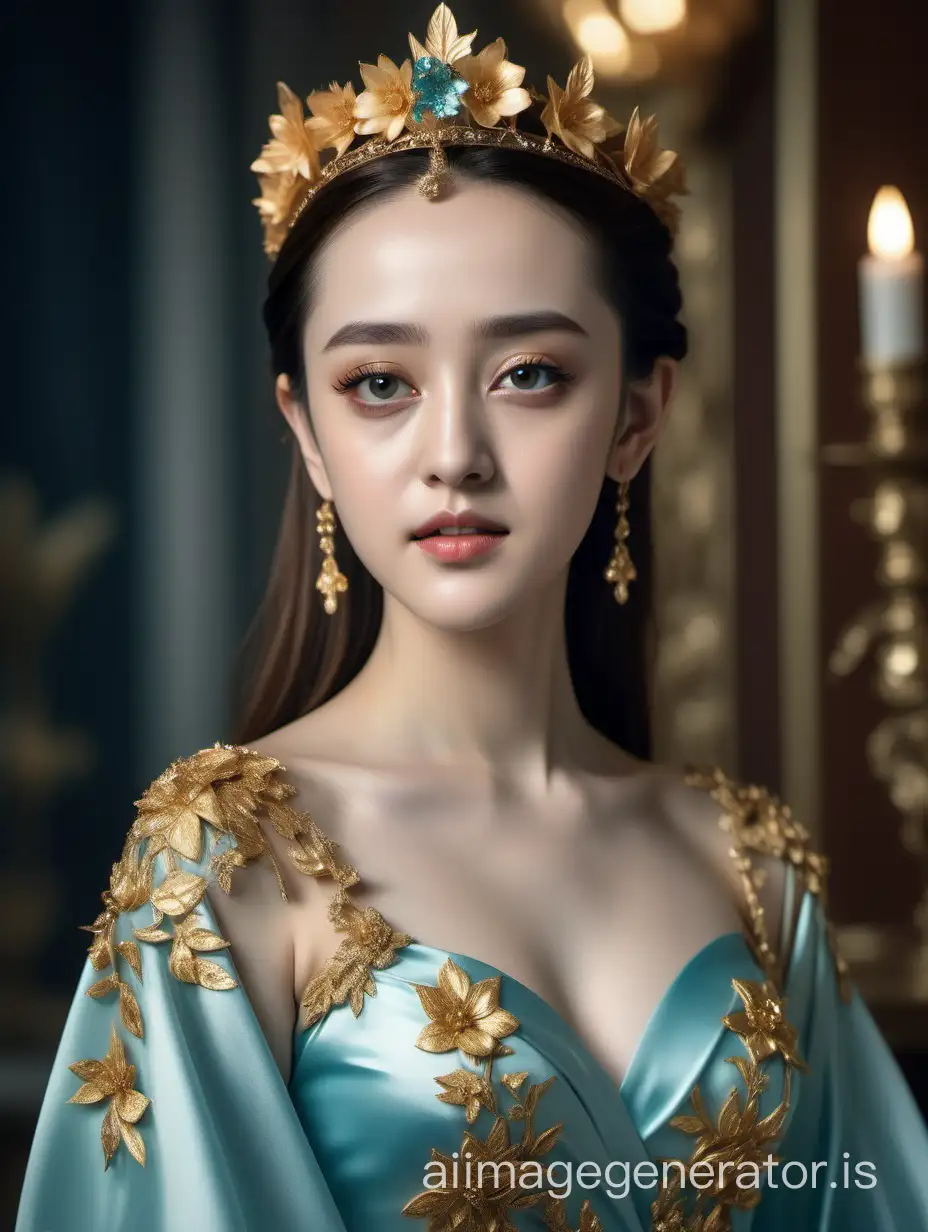 A very beautiful lady, in gold and aquamarine dress, tiara flowers on her head, look alike actress Dilraba Dilmurat, photorealistic, realism, highly detailed, sharp and focused image, raw photo, masterpiece, depth of field, natural lighting scenario, long wide shot