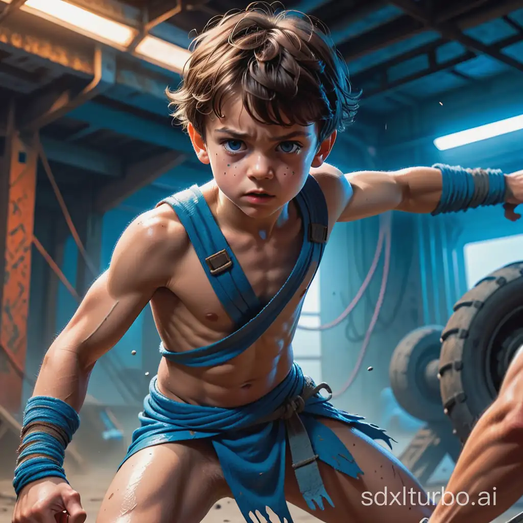 1980s painted illustration style, close up shot, the young boy in the bareblue loincloth, in a furious battle stance.  in the high-tech post-apocalyptic underground antechamber