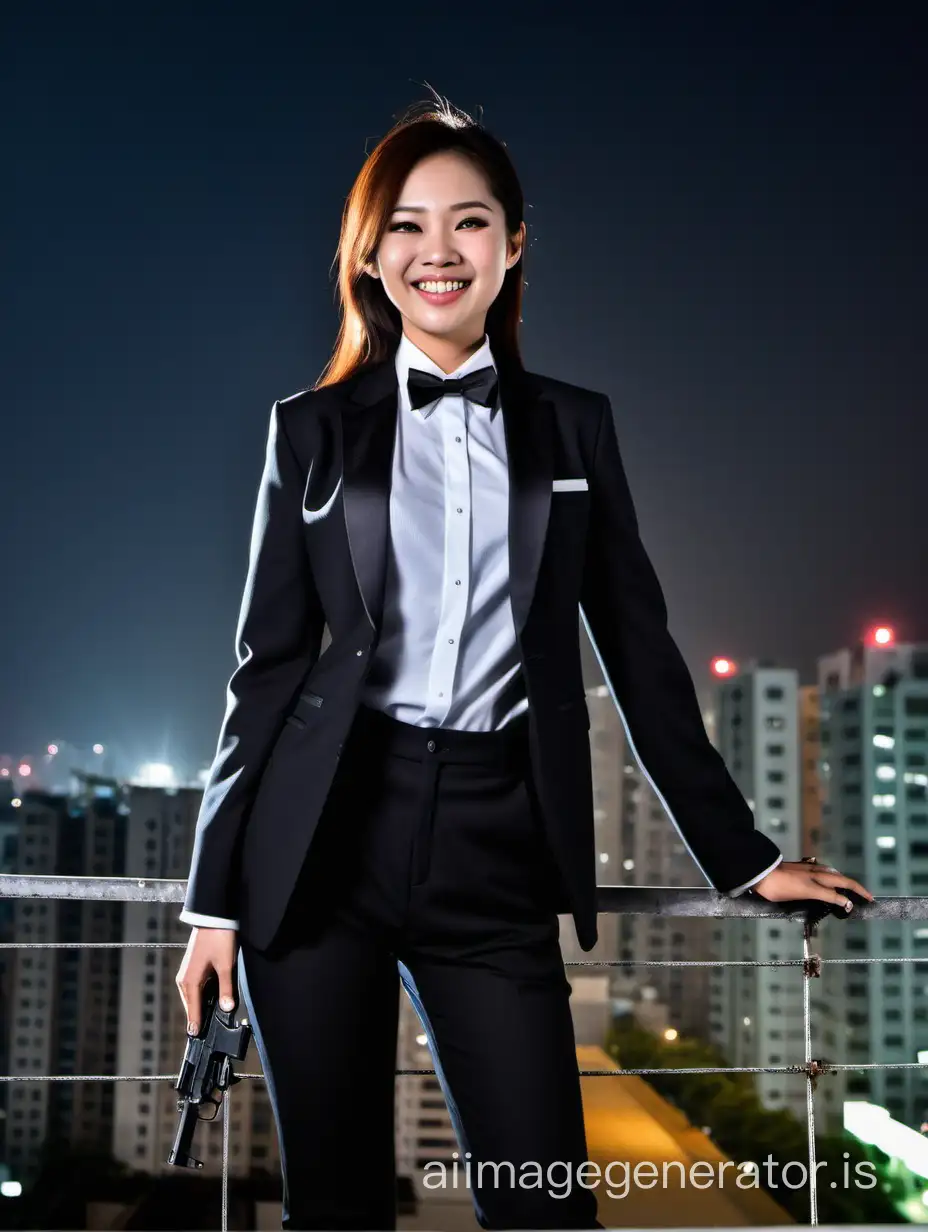 It is night.  A sophisticated and confident and stern Vietnamese lady with shoulder length hair is walking toward you on a scaffold high above the ground.  She is smiling and laughing.  She is wearing a black tuxedo with a black jacket.  Her jacket is opened. Her shirt is white with double French cuffs and a wing collar.  Her bowtie is black.  Her cufflinks are silver.  She is wearing black pants.  She points a gun at you.