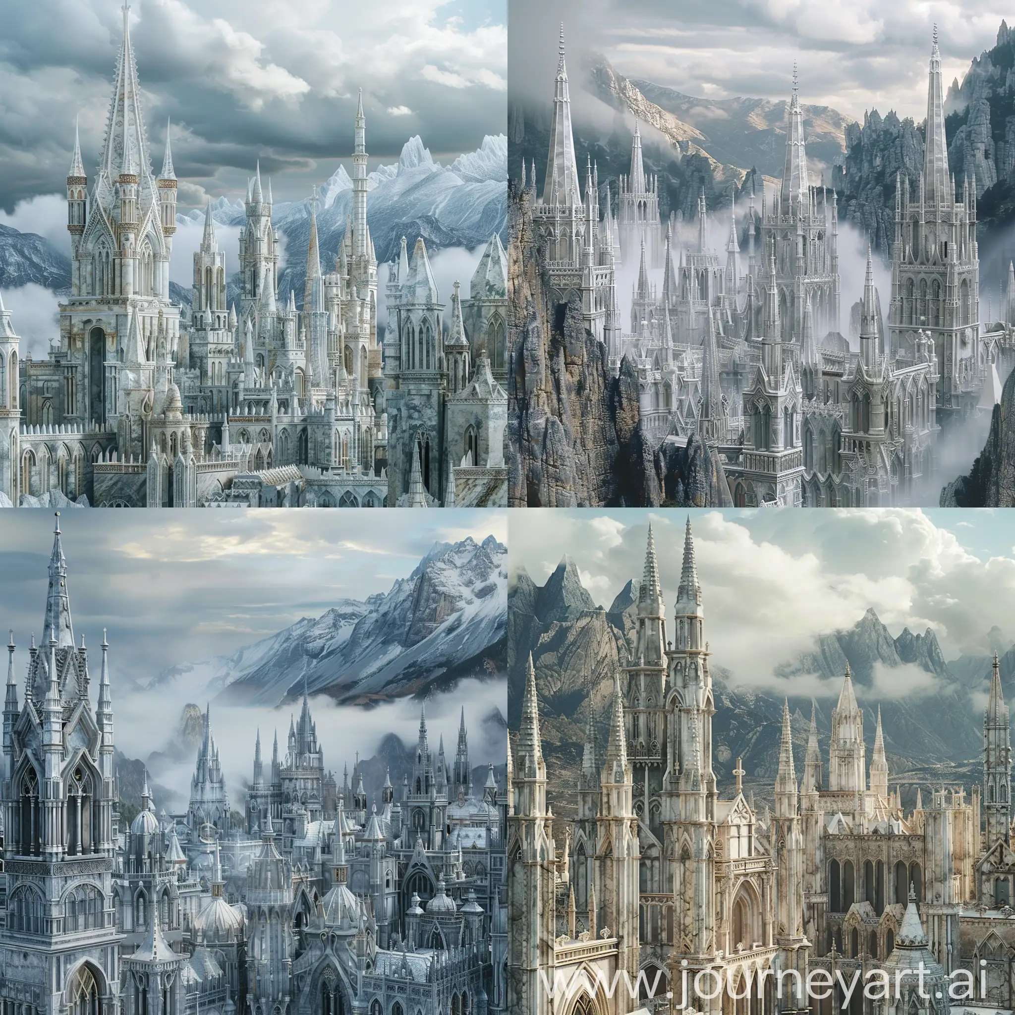 medival Gothic elven city ,all gothic buildings made of marble , Cloudy , with mountains in the background