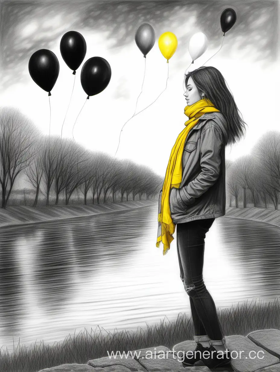 pencil art, black and white colors, 20yo girl, yellow scarf, grey jacket, soul in pain, scenic view, baloons, river