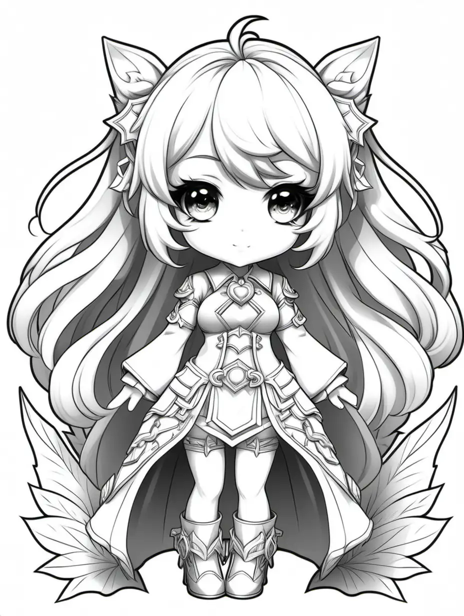 Adult coloring book. Black and white, no shading, no color. Highly detailed 3D cute kawaii chibi genshin impact, no background, no frame. 