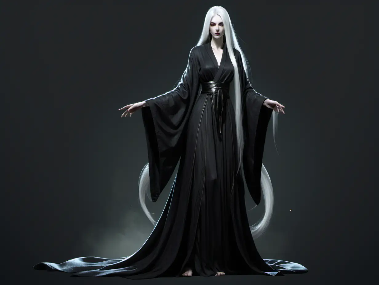 concept art of a slender, pale female with long silver white hair, dressed in a long black robe.
