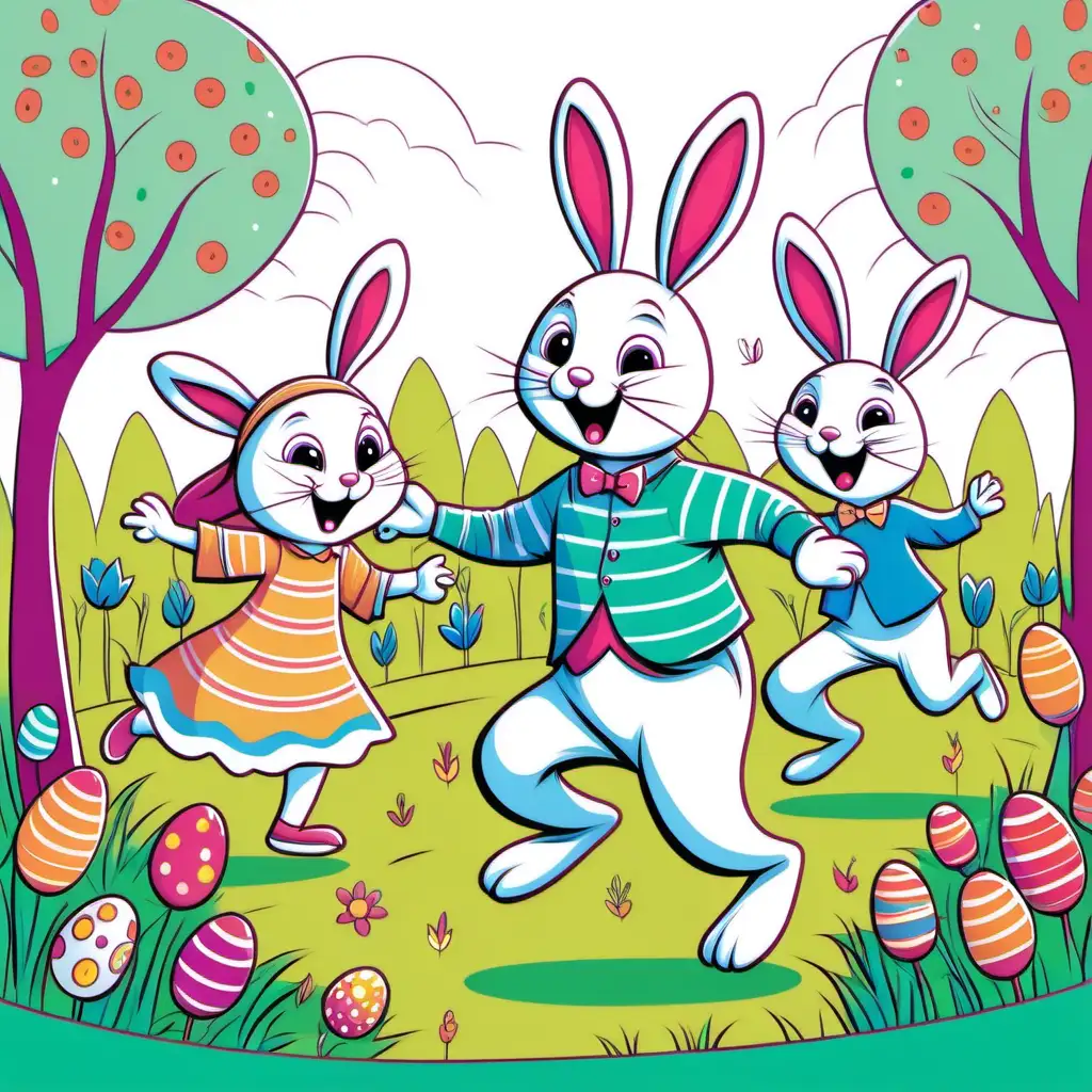 kids illustration, Easter bunny dancing with kids in a garden, thick lines, color