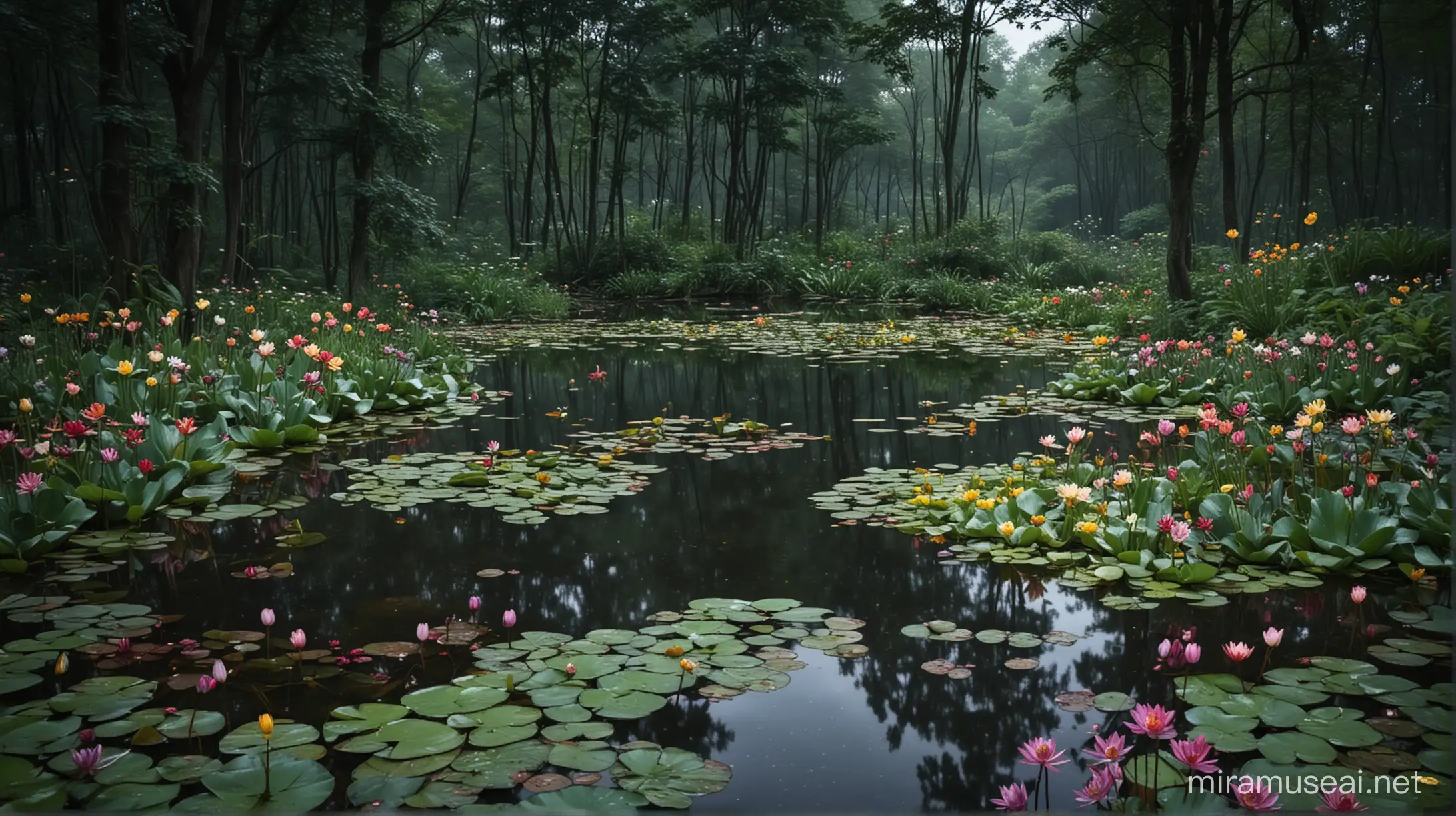 a secret place consisting in a beautiful pond surrounded by rocks in the middle of a forest with old thick trees and colorful flowers, the pond has 3 water lillies, at night, it is dark, it is raining heavily