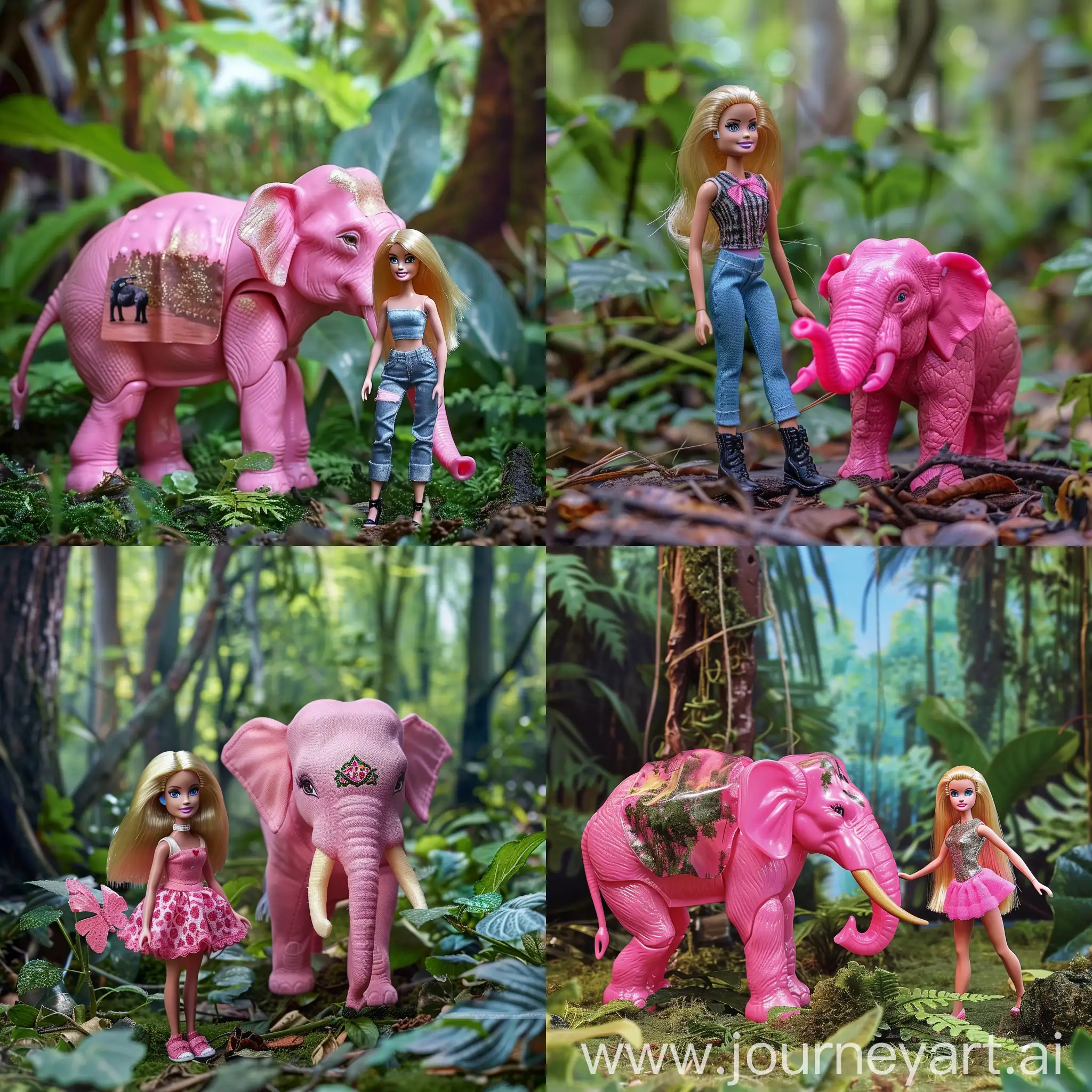 pink elephant with barbie in the forest 

