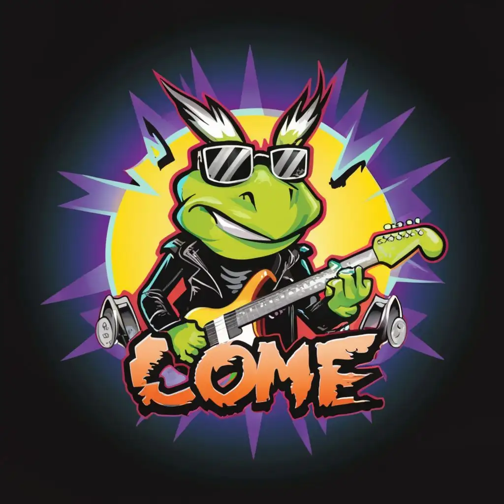 logo, Cartoon, frog, punk, mohawk, leather jacket, sunglasses, electric guitar, graffiti wall, urban, nighttime, neon lights, attitude, vibrant, colorful, edgy, with the text "Come", typography, be used in Technology industry