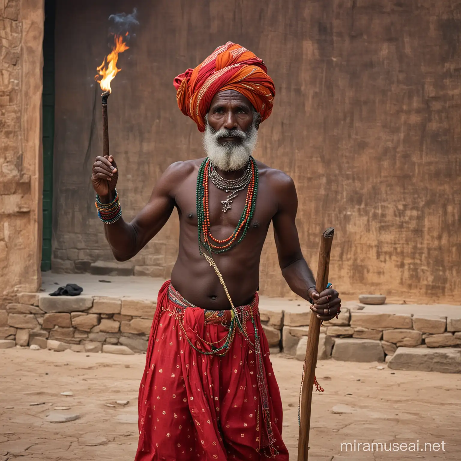 rajasthan farkir skinny sixty years old india black dark skin colorfull clothing   full wide body  is fire breathing before old light green tempel detailted fujixt3 20mm 