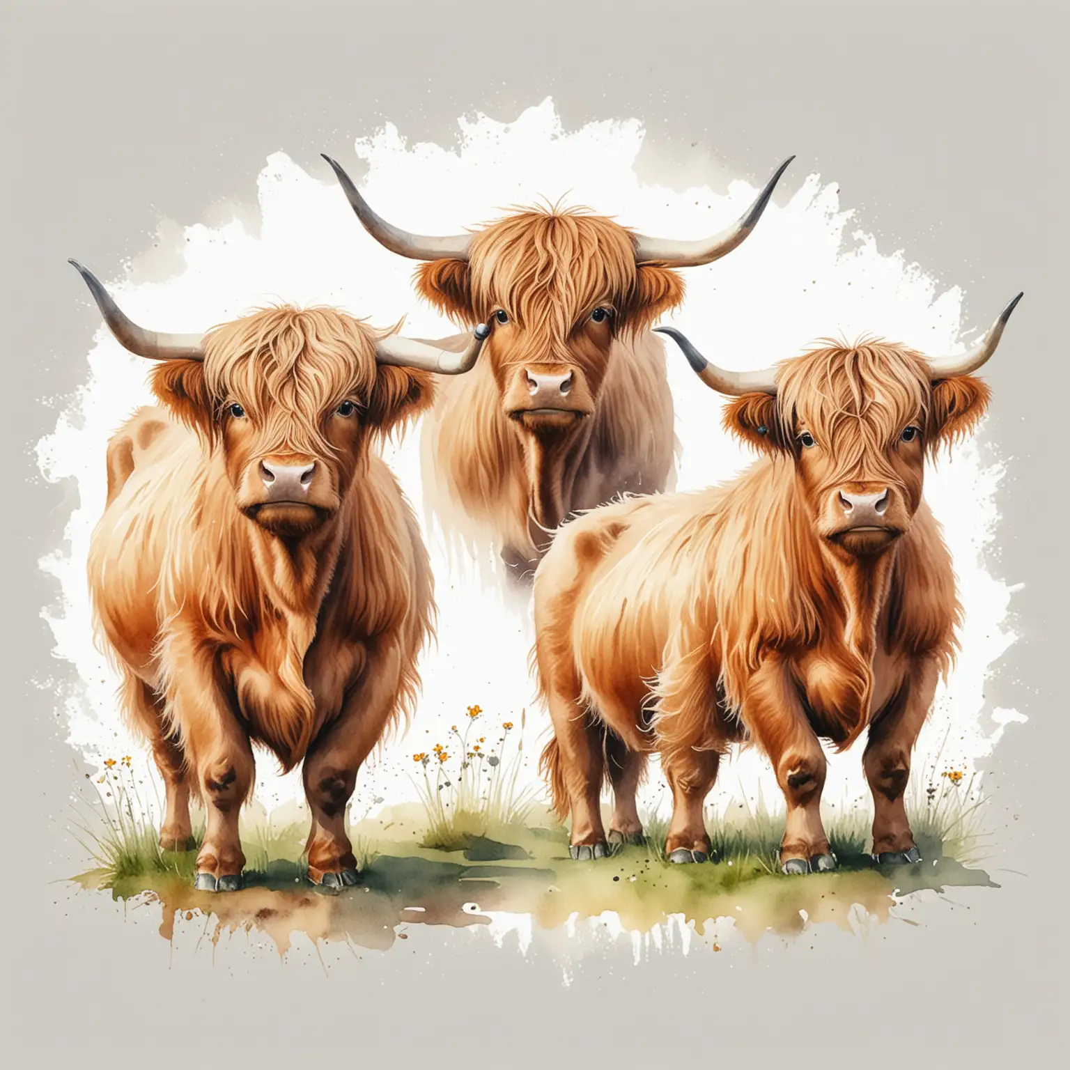 Watercolour drawing, highland cows, cute, isolated on white background, suitable for Clip Art