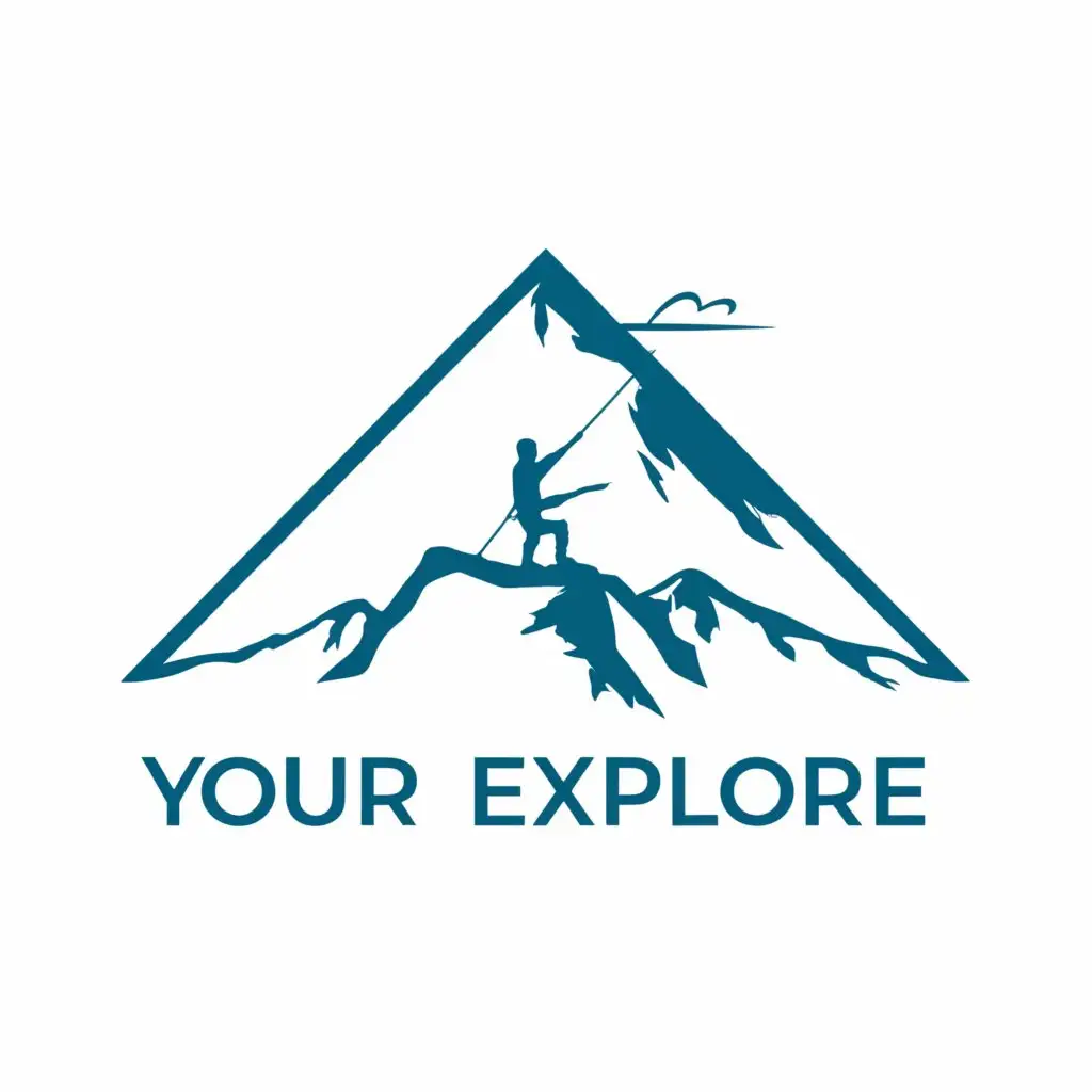 a logo design,with the text "Your Explore", main symbol:Create a unique logo for an active leisure brand that will attract attention and emphasize the rarity and uniqueness of the products. The logo should include an image of a person climbing a mountain and reaching their goal to convey the idea of achieving goals and an active lifestyle. Use blue and white colors to create an elegant and professional look. Pay special attention to details to make the logo clear and easily recognizable.,Moderate,clear background