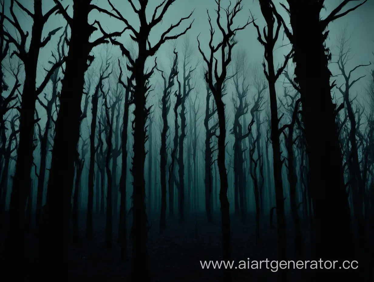 страшный лес, туман в дали виднеются страшные силуеты