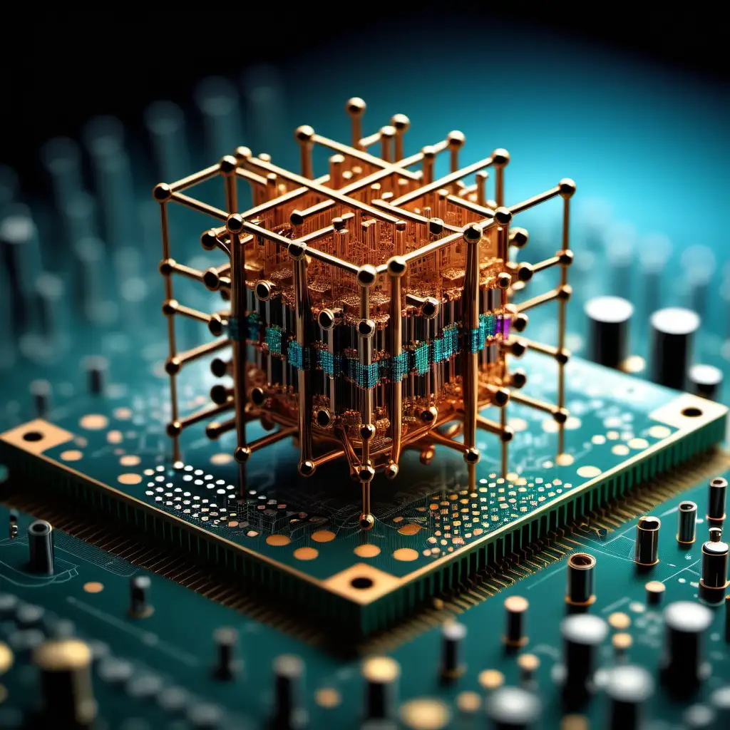 Visual representation or illustration of quantum computing principles, incorporating abstract quantum bits and computational concepts, shot with Sony Alpha a9 II and Sony FE 200-600mm f/5.6-6.3 G OSS lens, natural light, hyper realistic photograph, ultra detailed