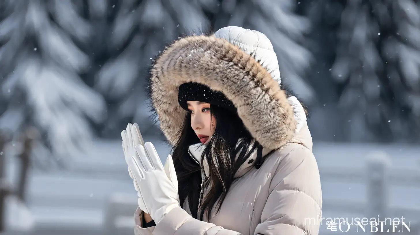 Elegant Lady in Snowfield with White Fur Collar Jacket