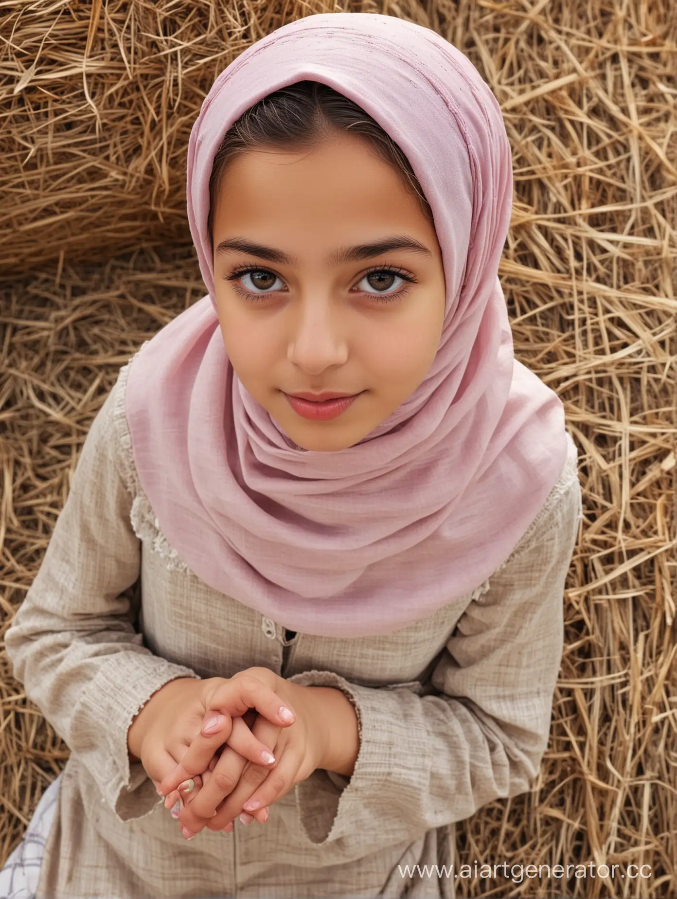 A little turkish girl. 12 years old. She wears a hijab, kids wear. Her height is 130cm. Close pov shot. Close up. From above. 8k sharp. Pretty face. Sits on the hay bales. The girl extends her hands to the viewer. Pursed lips. Different face. Plump lips.