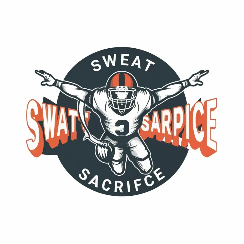 logo, football player silhouette, with the text "Sweat & Sacrifice", typography, be used in Sports Fitness industry
