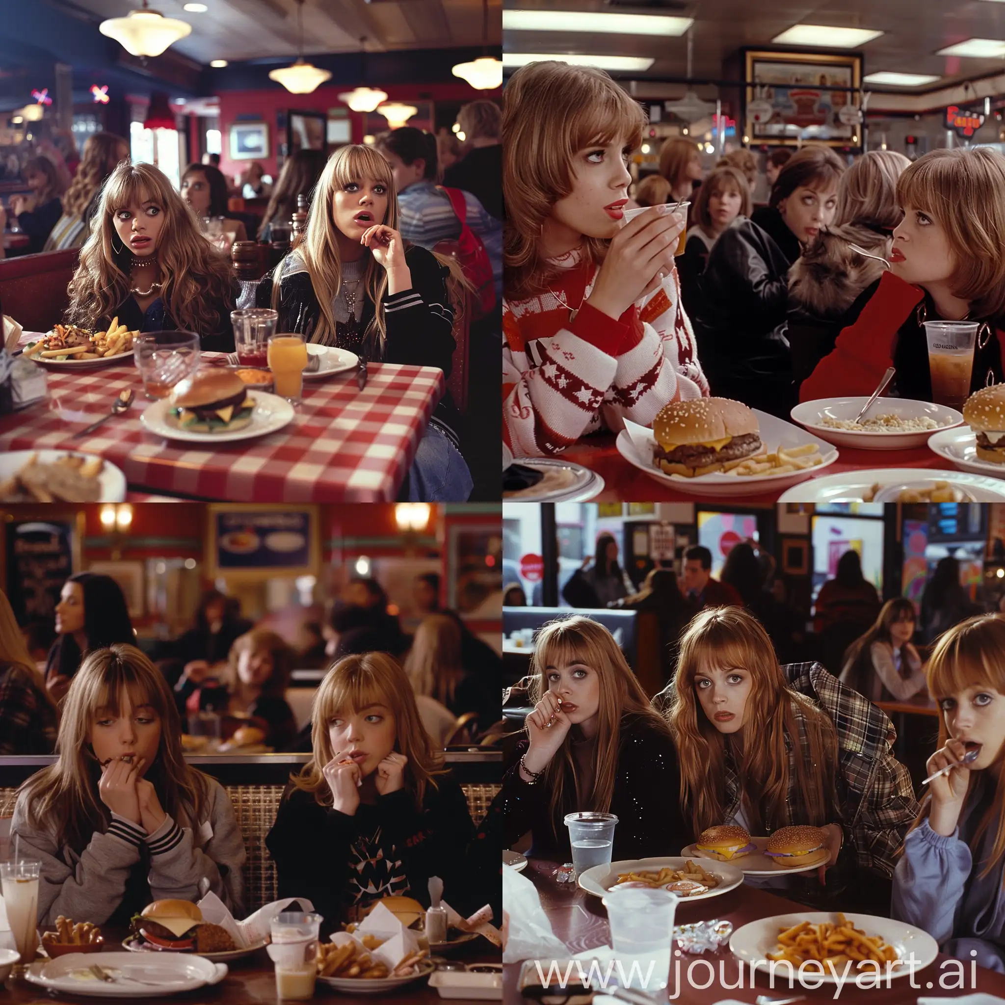 Regina George and Karen eating at the Restaurant ,still from the movie "Mean Girls"