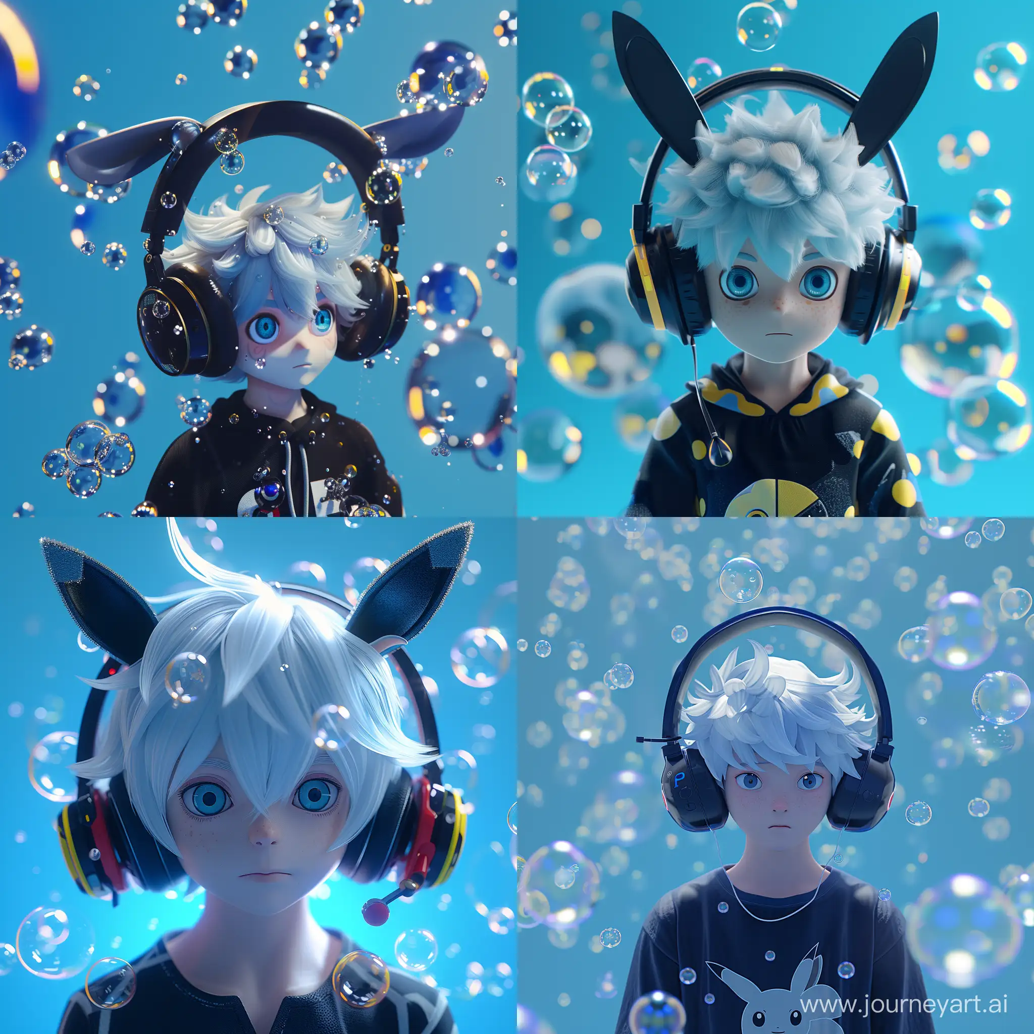 Bubbles,1whitehairboy,(flowing liquid:1.3),blue background,3D cinematic film.(caricature:0.2) highly detailed,8K,HDR,UHD,masterpiece,best quality,highly detailed,wallpaper,reality ray tracing,gamer, headphones, umbreon pokemon on solder 