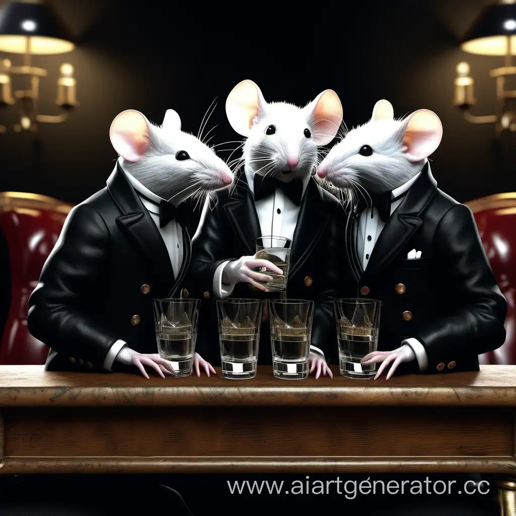 три белых мыши в черных фраках пьют водку, гиперреалистичная, сверхдетализированная, 8k, высокое качество, трендовое искусство