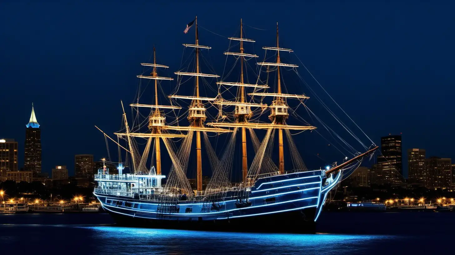 /imagine prompt: A photographic capture of a historic ship at blue hour, its intricate rigging etched against the fading light, surrounded by the modern glow of a city's nightlife reflected in the tranquil harbor waters. Created Using: blue hour photography, historic ship rigging, modern city glow, nightlife reflection, tranquil harbor, fading daylight, contrast of eras, hd quality, vivid style --ar 3:2 --v 6.0
