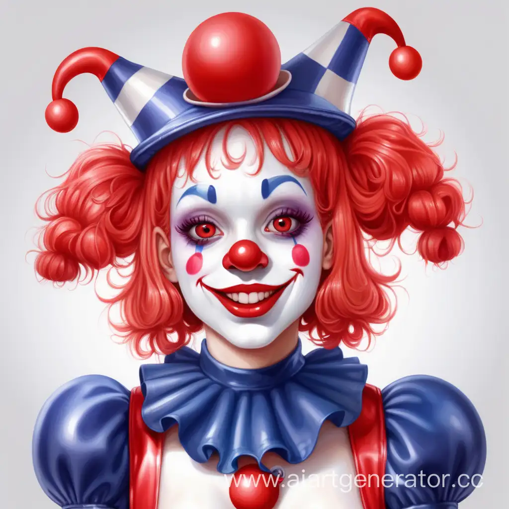 Cute-Latex-Girl-Clown-in-Rubber-Jester-Costume-with-Red-Nose