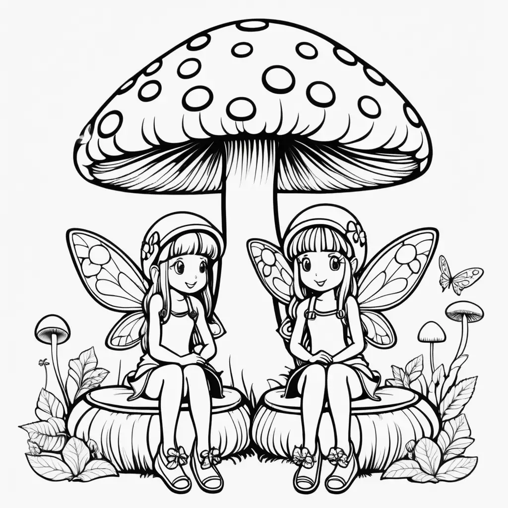 Enchanting Fairies Seated on Mushroom Chairs Coloring Page