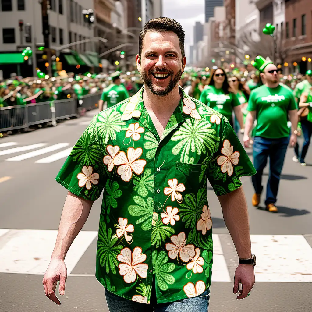 Man in Vibrant Hawaiian Shirt Celebrating St Patricks Day at Parade