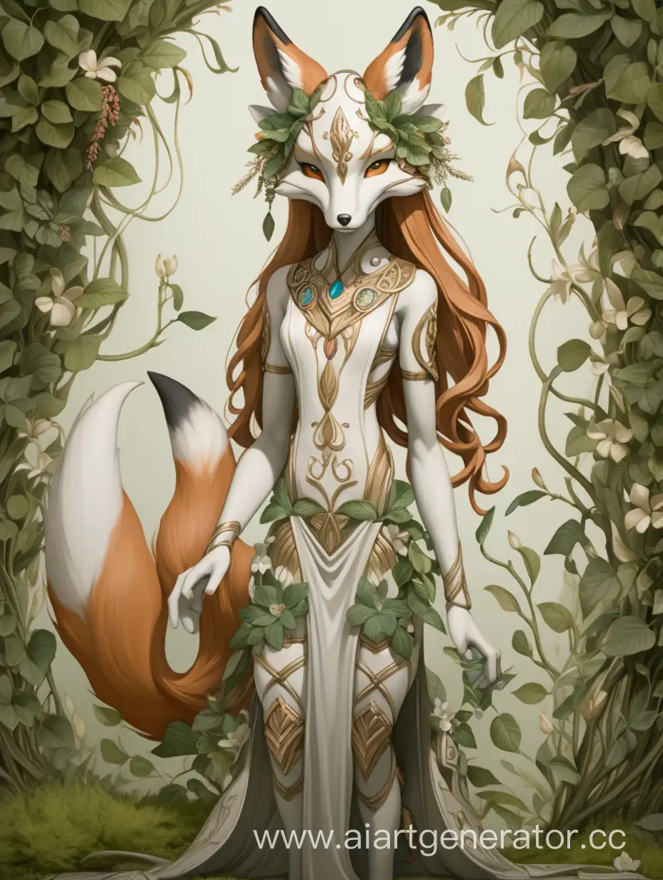 solo, female, full body, anthro fox, detailed, detailed face and eyes, harmonious proportions of the body, shrouded in a layer of vegetation, vines, leaves and flowers weave around his body, expressed by a high forehead, an elegant nose, long and thick hair, slender and pointed ears