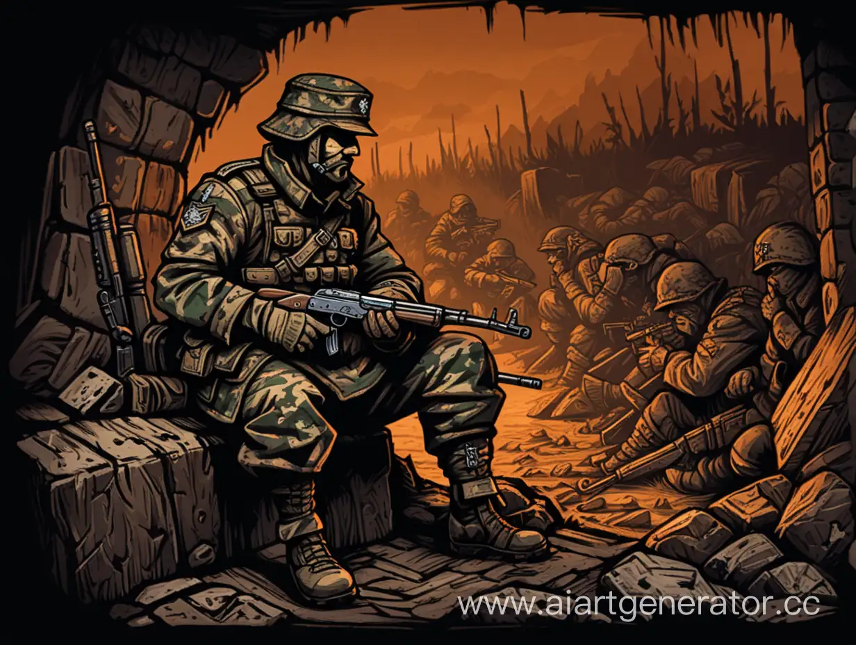 стиль "Darkest Dungeon", рисунок 2д, русский солдат в камуфляжной форме на поле боя, сидит в окопах