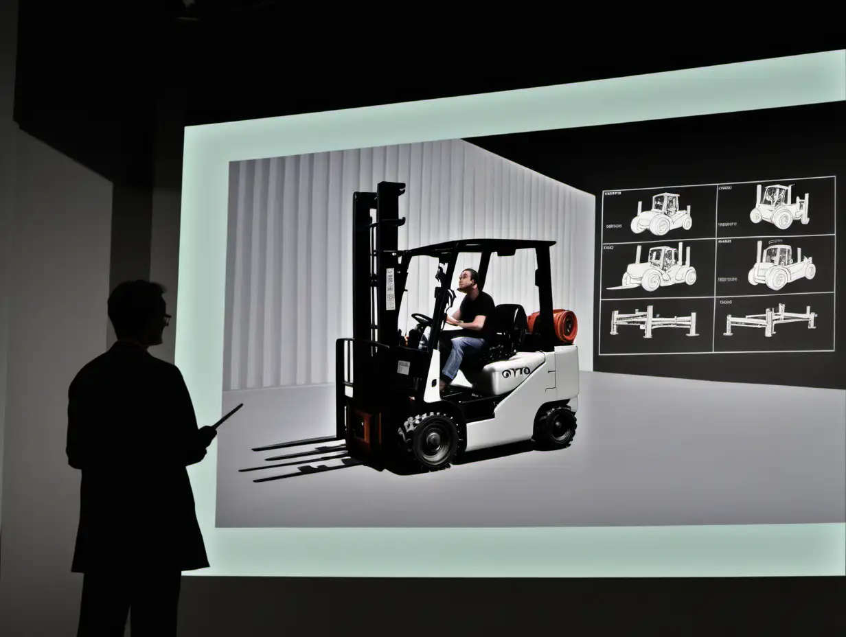 person looking at a projection showing early model of toyota forklift
