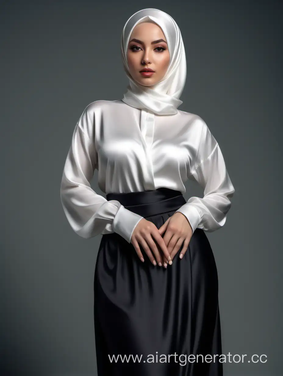 Женщина восточной внешности, руки держит за спиной, шелковый хиджаб белого цвета, атласная блузка белого цвета, большая красивая грудь, атласная длинная юбка черного цвета, высокая детализация, 8K качество