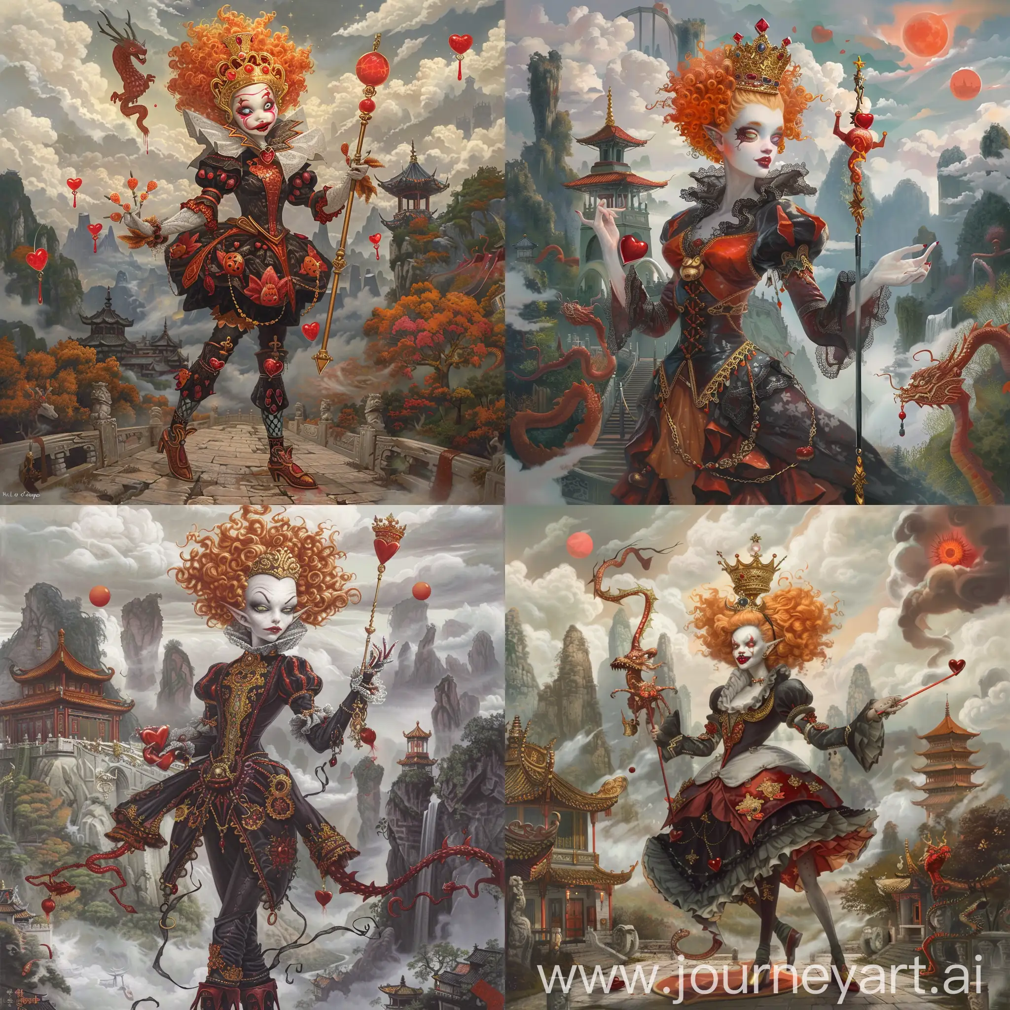 Historic painting style:

a Disney female British villain, Queen Of Hearts, from Alice cartoon, she has vampire style pale white skin,  she has orange curly hair and golden royal crown on her head, she wears dark red and black color Chinese style empress clothes and shoes, she holds a red heart royal wand in right hand,

Chinese Guilin mountains and temple as background,  evil iced dragons and three small red blood suns in cloudy sky.