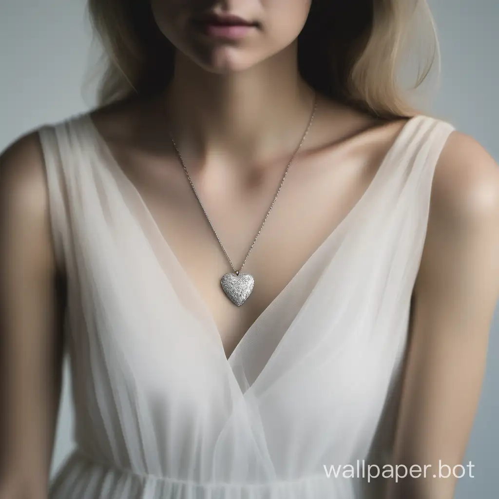 A photo taken shows a close-up of a young woman wearing a tulle sequined short dress with a sweetheart neckline and a delicate necklace that perfectly blends feminine elegance with fashion.necklace consisting of a delicate chain and a gorgeous heart-shaped pendant set with a 1carat diamond.The pendant looks very small, showing charming charm and taste, and the necklace is a very thin O-shaped necklace.Add an excellent visual focus to the neck, show the girl's personality and taste, and create a unique visual effect. Through the processing of light and details, the brightness and texture of the necklace are highlighted. Make sure that the girl's image and the necklace she designs complement each other, balancing and complementing each other. The final design is a real photo, and the final design should be stylish and impressive.