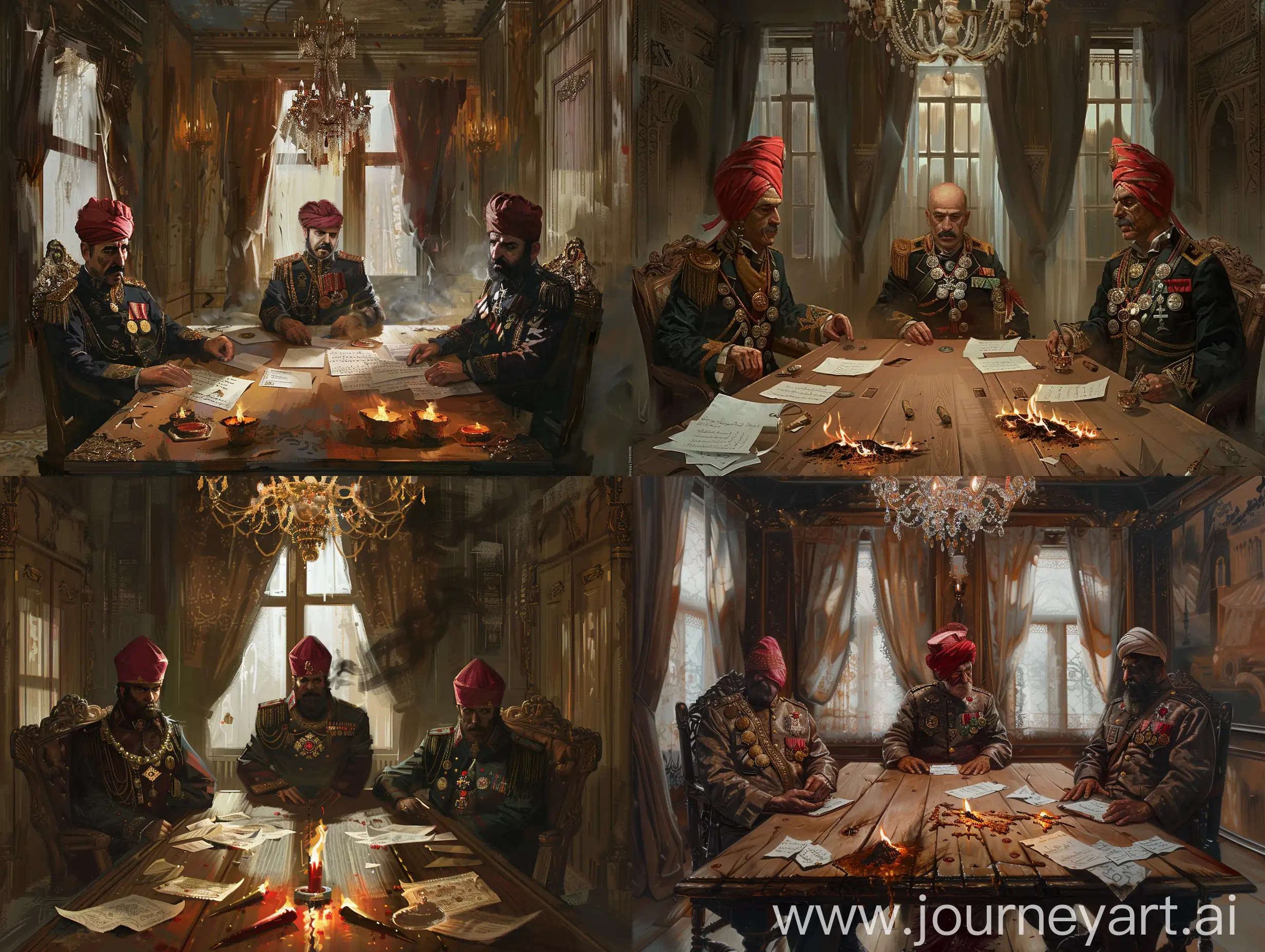 Ottoman-Pashas-in-Military-Uniforms-Gathered-around-Wooden-Table