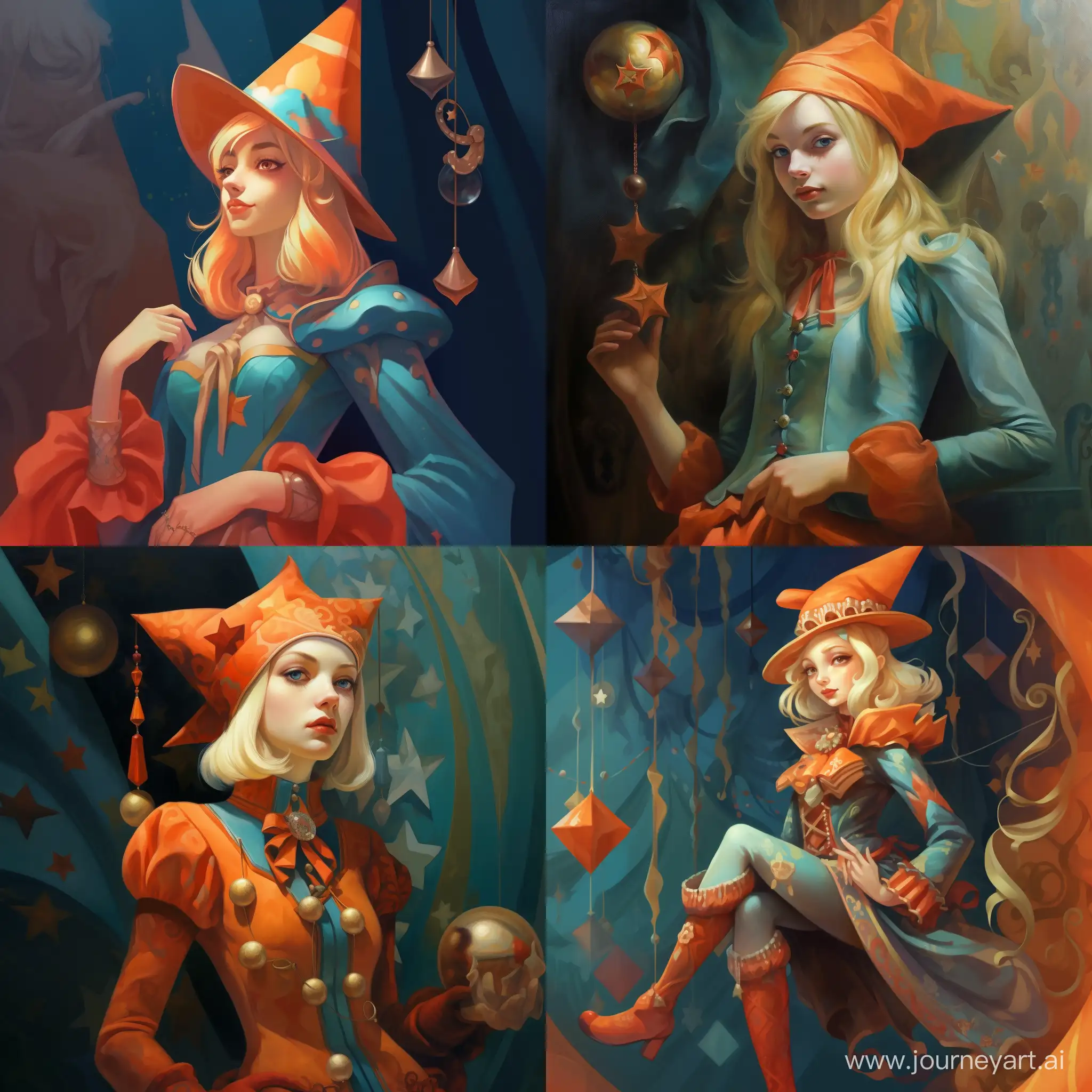 Enchanting-Jester-Girl-in-Vibrant-Orange-and-Turquoise-Costume