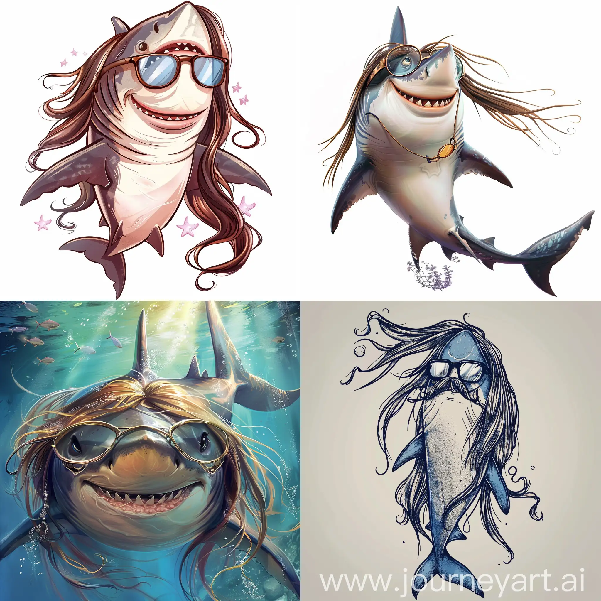 a shark with long hair and wear glasses