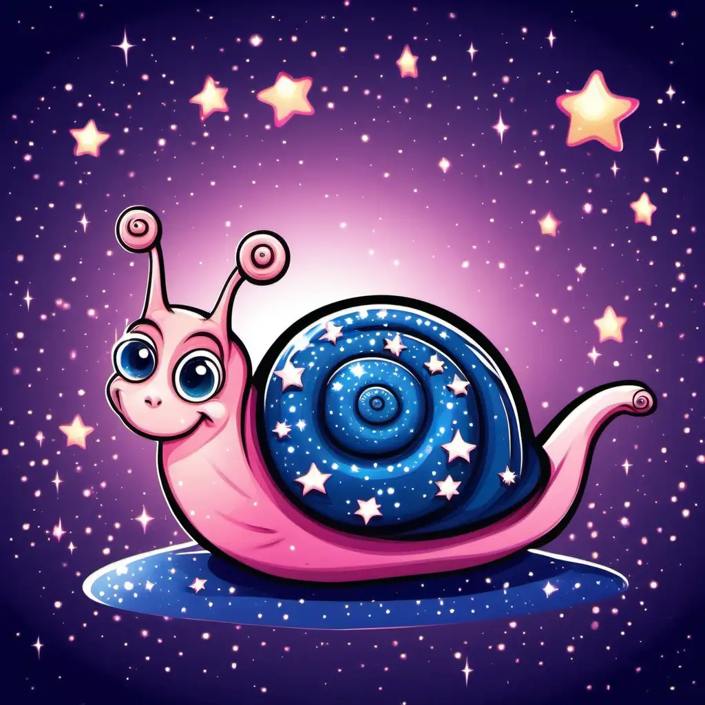 in cute cartoon vector style, a very sad snail with a body that is a pink and shimmery with a dark blue shell that has beautiful sparkling stars on the shell, with beautiful light